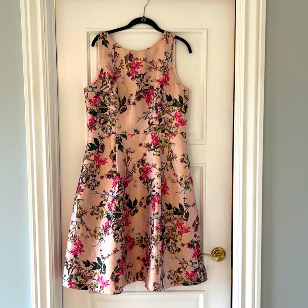 Ted Baker pink brocade print gold thread dress